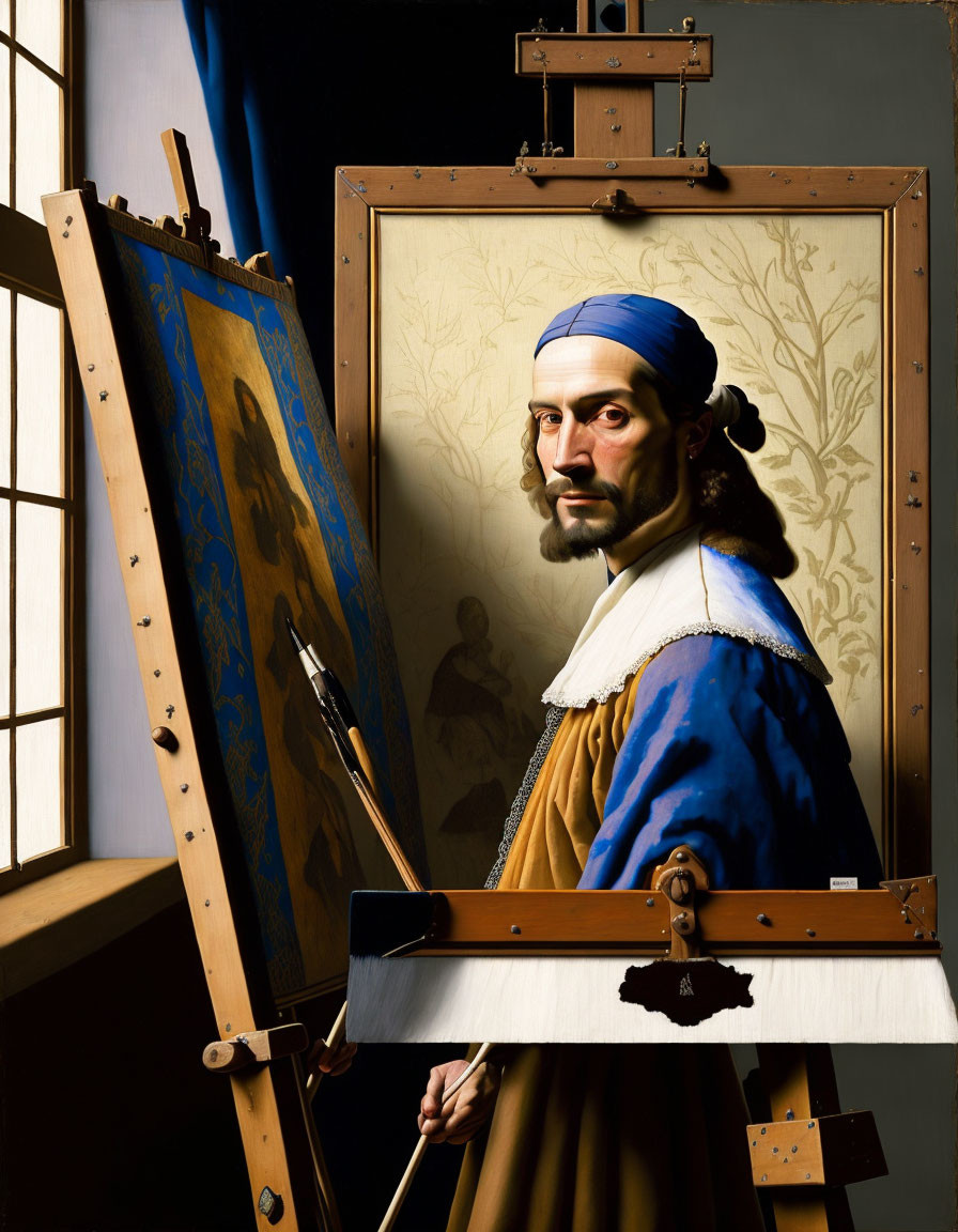 Historical Attire Man Painting in Studio Setting