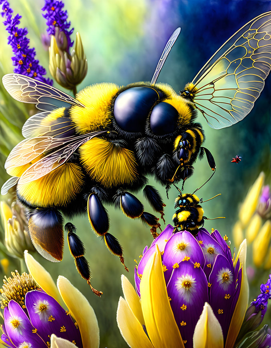 Vividly colored oversized bee pollinating vibrant purple flowers