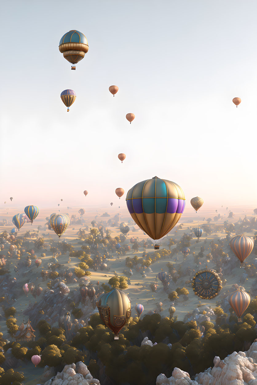 Sunset hot air balloons over serene landscape