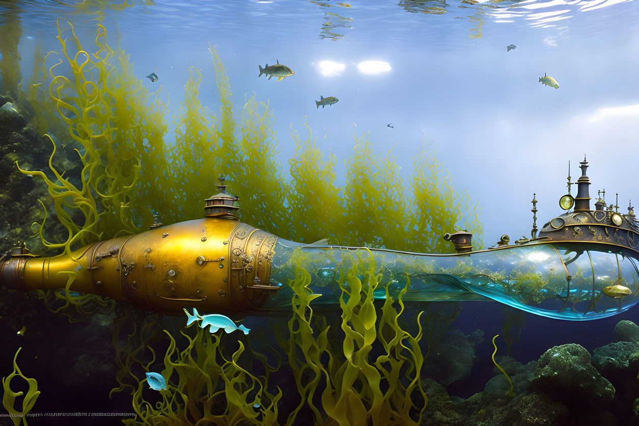 Whimsical yellow submarine in glowing underwater scene