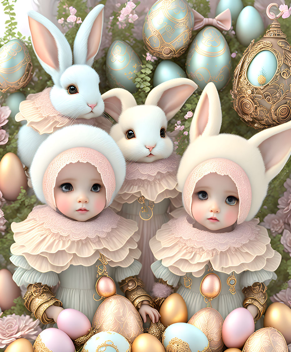 Whimsical Easter-themed illustration with doll-like figures and bunny ears