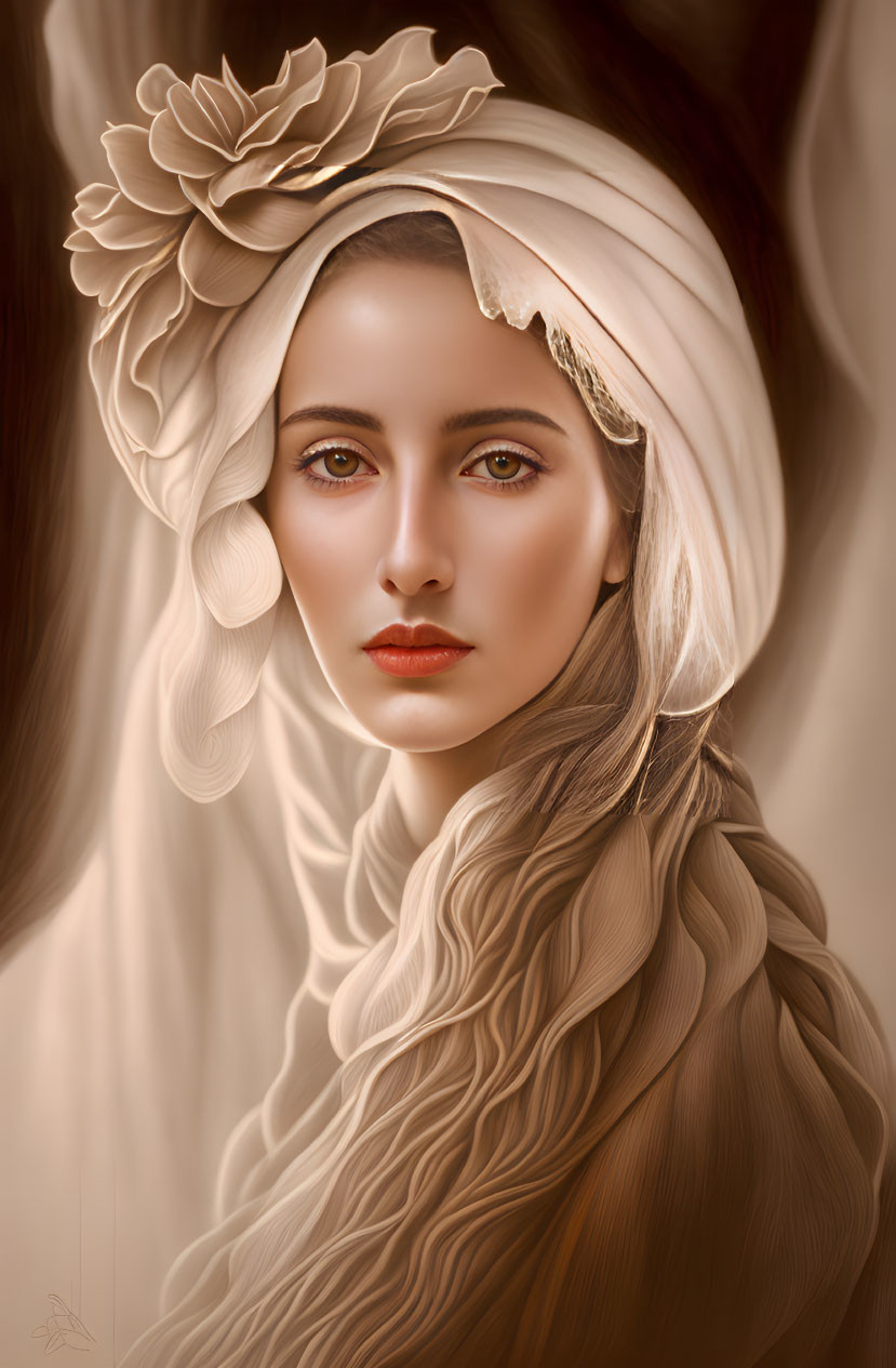 Digital portrait of woman in white turban with flower and braided hair