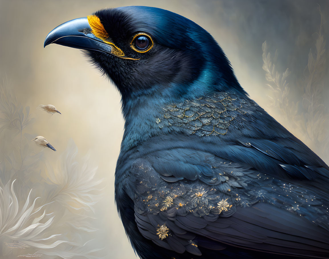 Detailed Illustration of Majestic Blue-Black Bird with Golden Yellow Beak