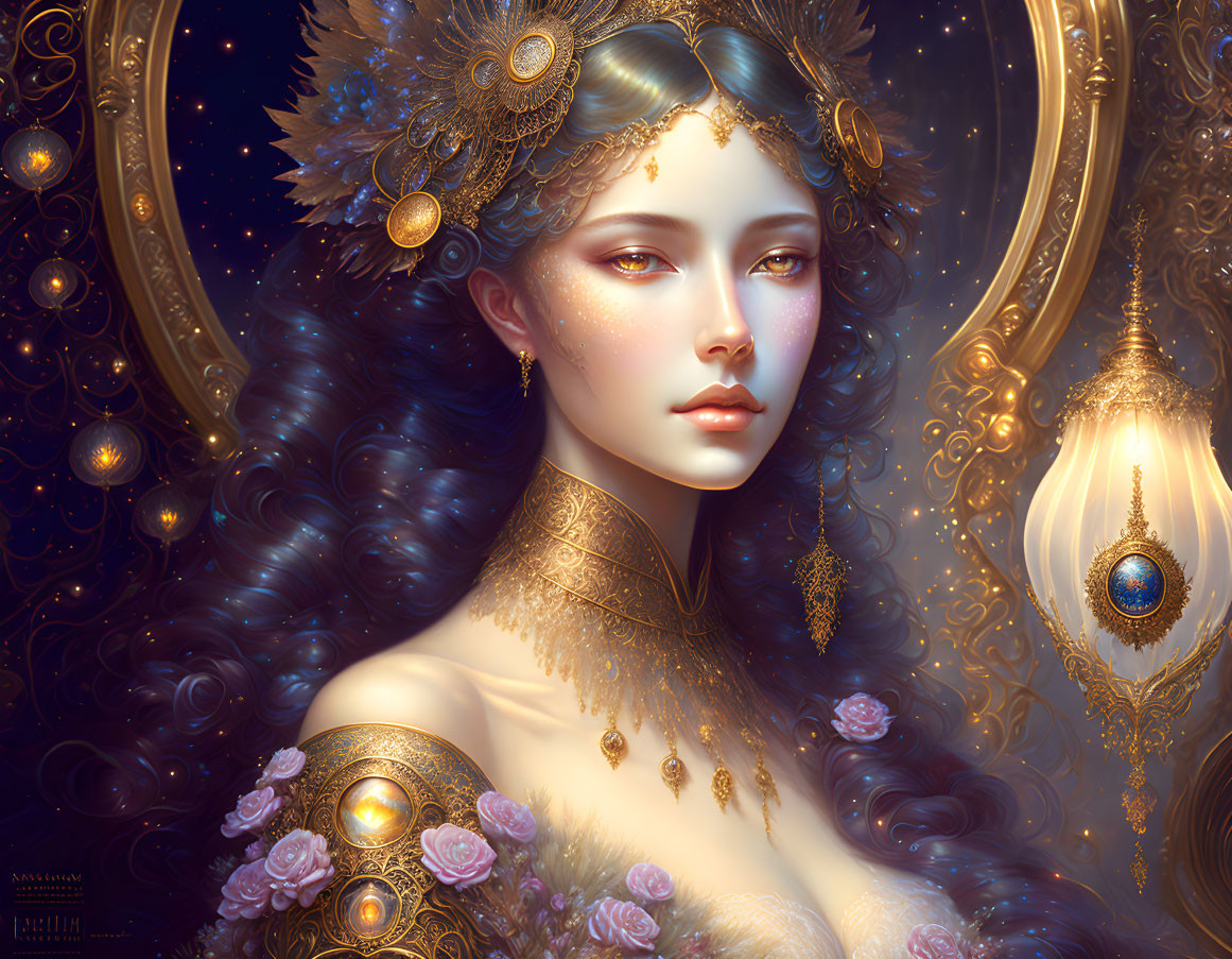 Ethereal woman in golden jewelry with celestial motifs surrounded by star-like glow