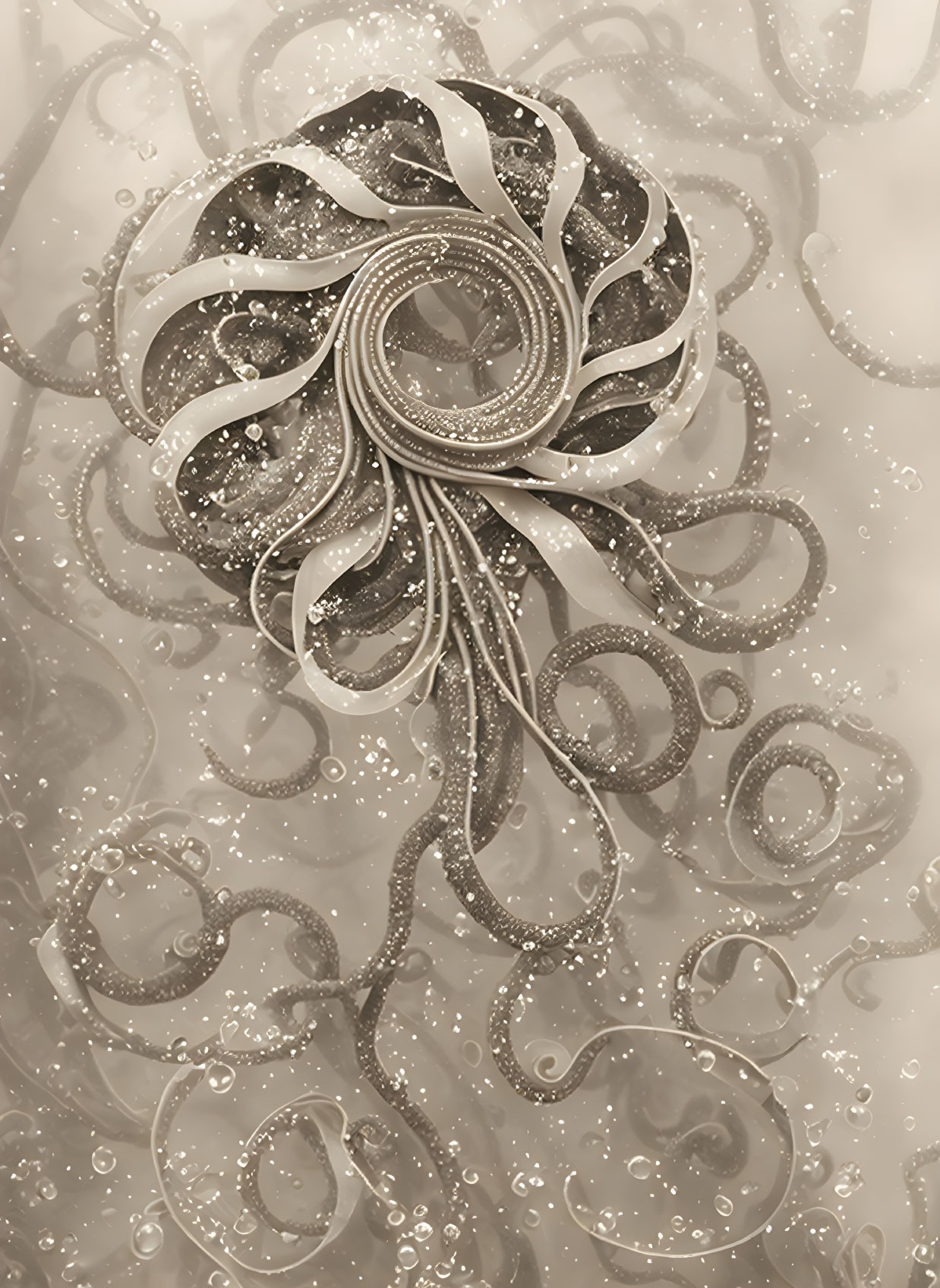 Intricate Abstract Design with Swirling Tendrils on Gray Background