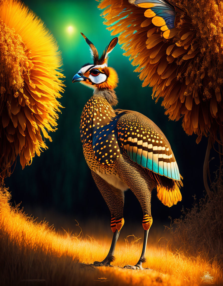 Fantastical bird illustration with sunflower-like plumage in magical forest landscape