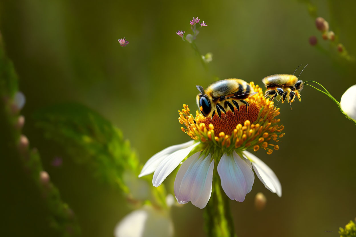 Cartoon Bees with Large Eyes on White Flower in Green Background