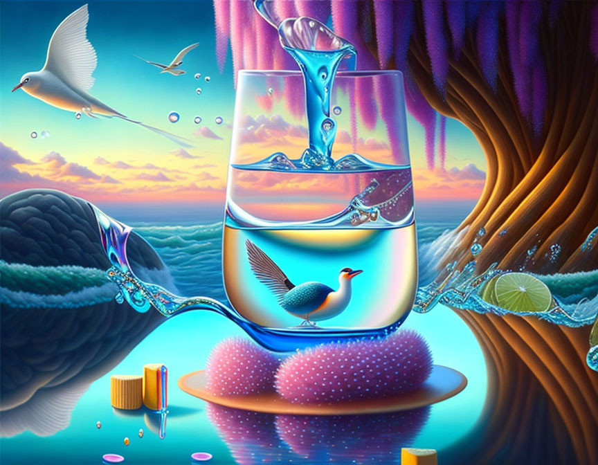 Colorful surreal artwork: Glass of water with diverse ecosystems in vibrant hues