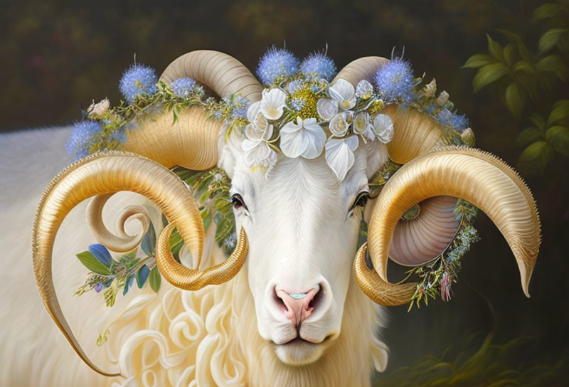 Sheep with Decorated Horns in Blue and White Flowers