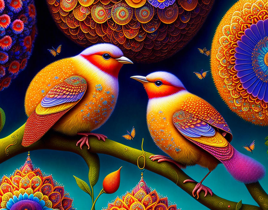 Colorful stylized birds on branch with intricate foliage and flowers