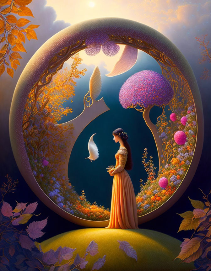 Surreal image of woman in orange dress before magical garden