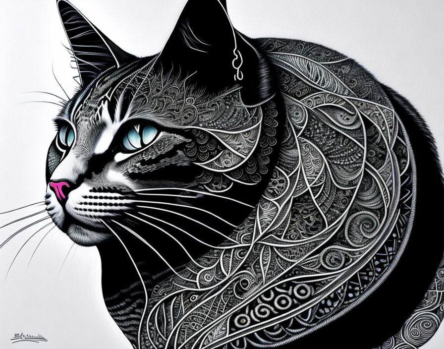 Black Cat Illustration with White Patterns and Blue Eyes