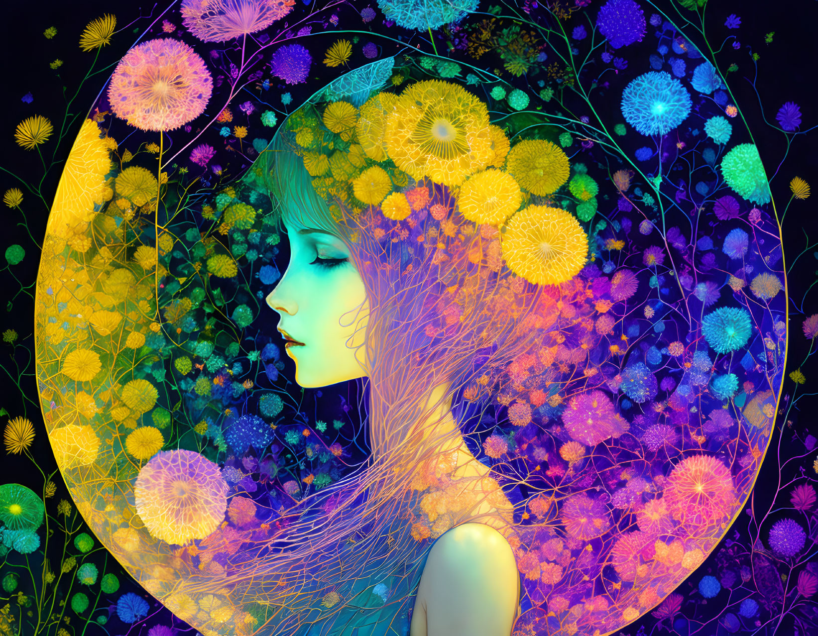 Colorful digital artwork of woman's profile with flowers and plants merging into her hair on dark background