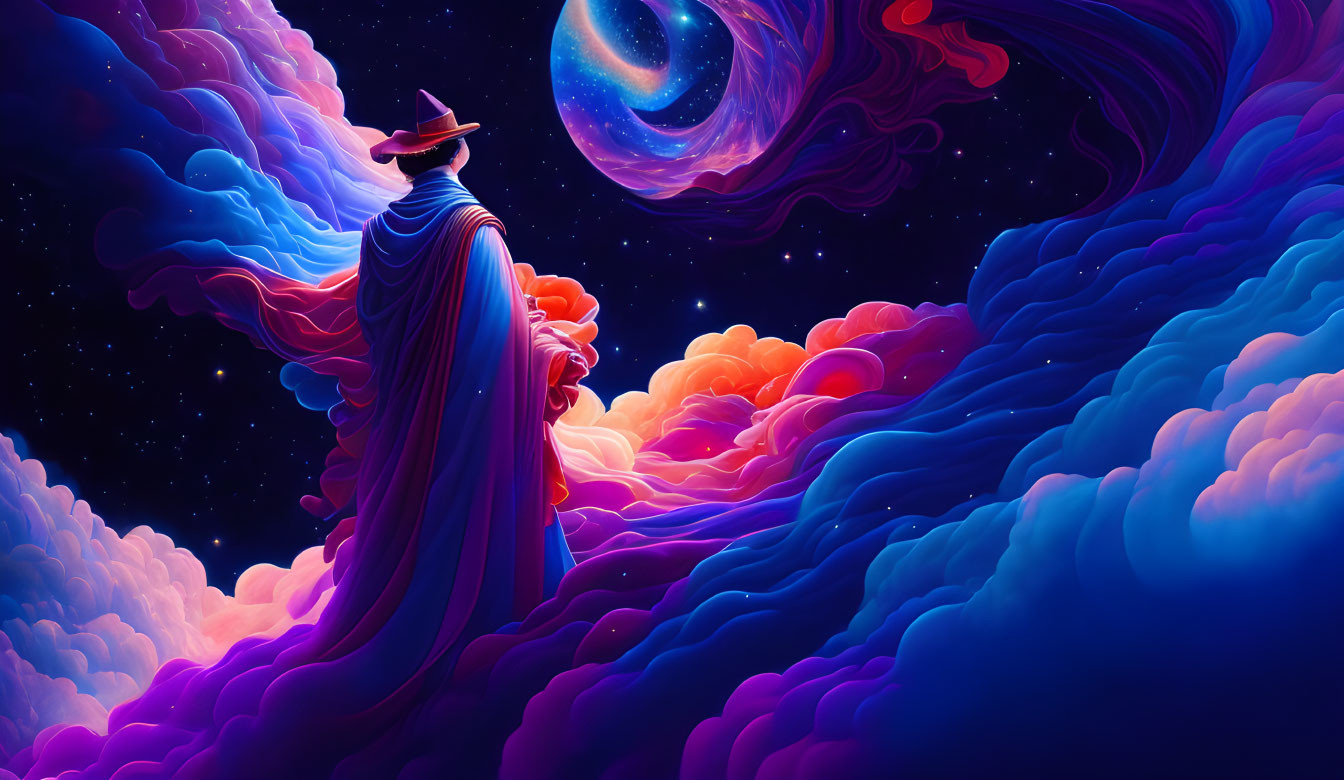 Wizard on vibrant clouds with colorful nebula and large planet in night sky