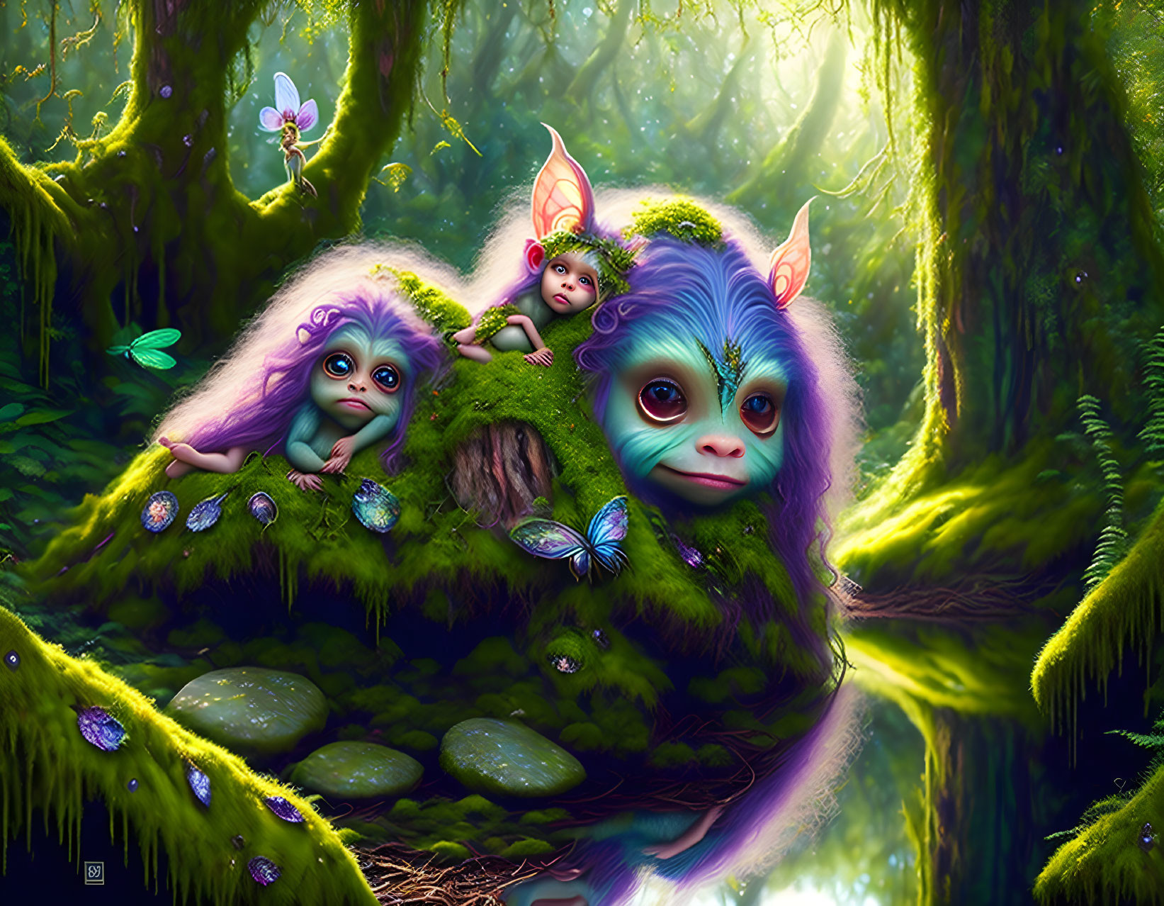 Colorful Whimsical Creatures Resting in Enchanting Forest