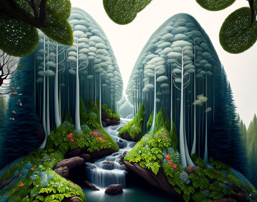 Symmetrical tree-covered hills and serene stream in lush green landscape