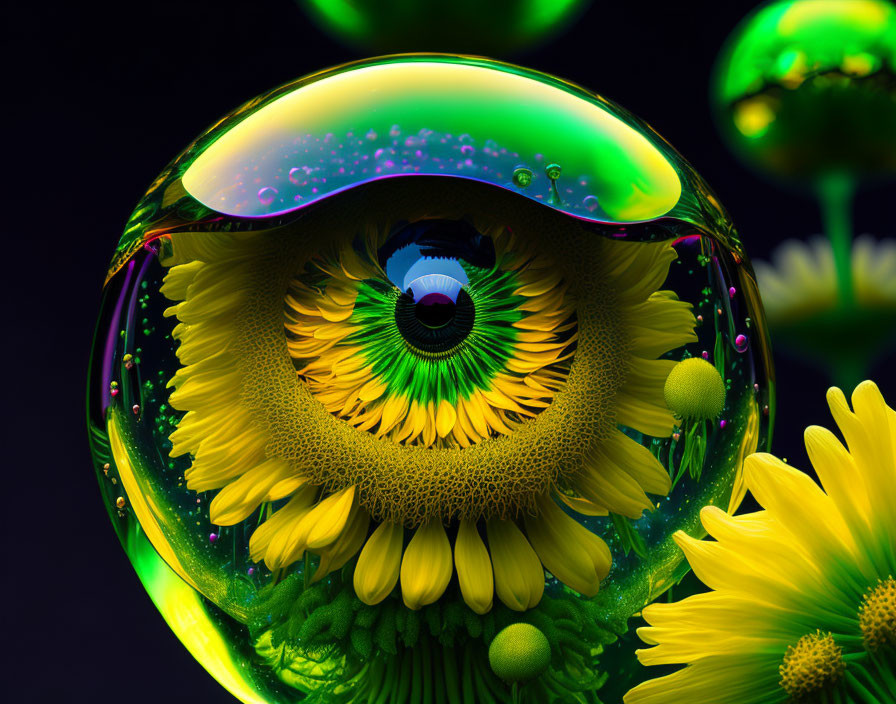 Macro image of sunflower refracted in water droplet with background flowers