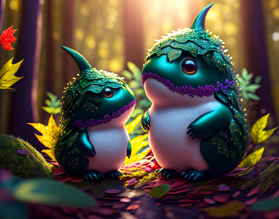 Whimsical dragon-like creatures in forest setting with jewel-like textures