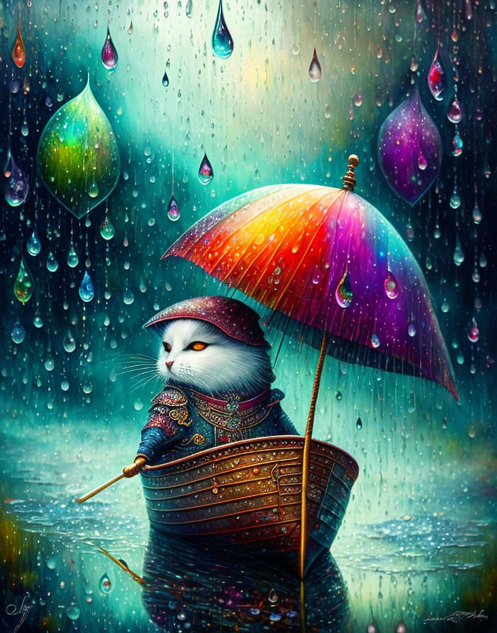 Colorful Cat in Boat with Umbrella in Vibrant Raindrops