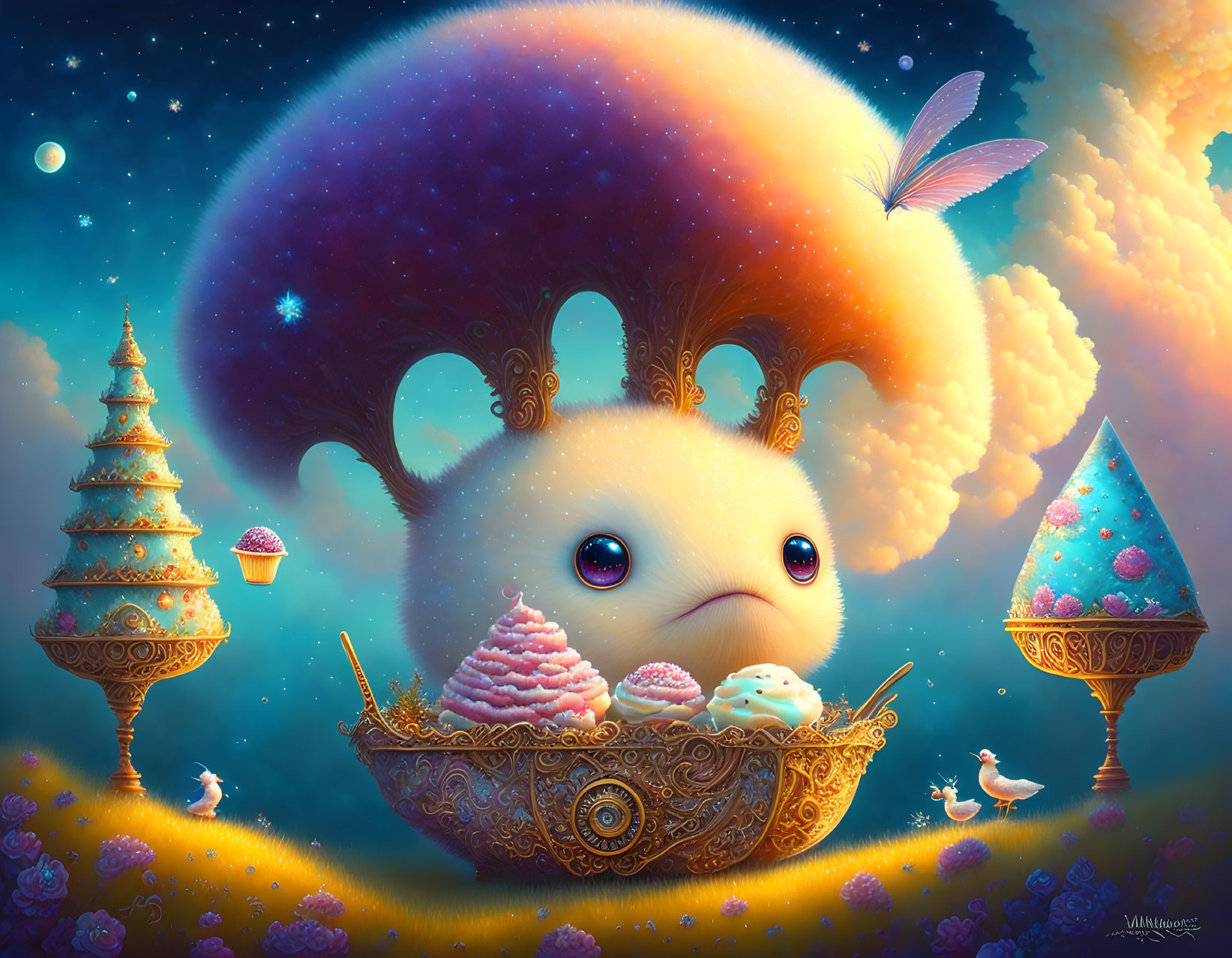 Whimsical illustration of cute creature in golden vessel among vibrant trees