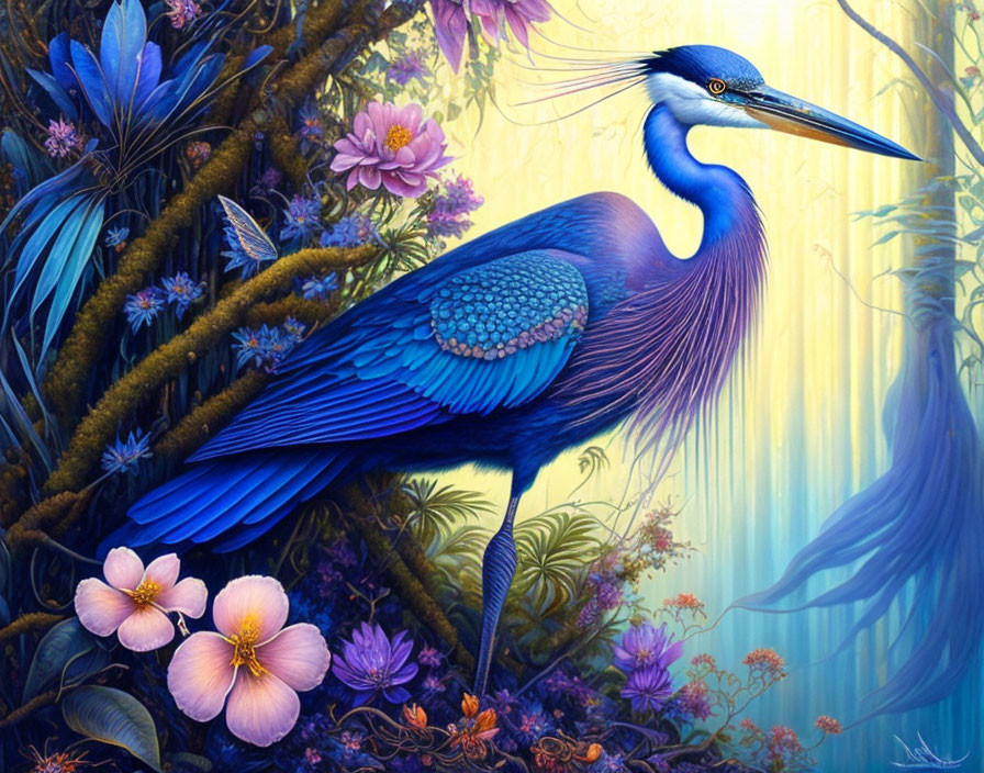 Blue heron in lush environment with detailed flora and golden light