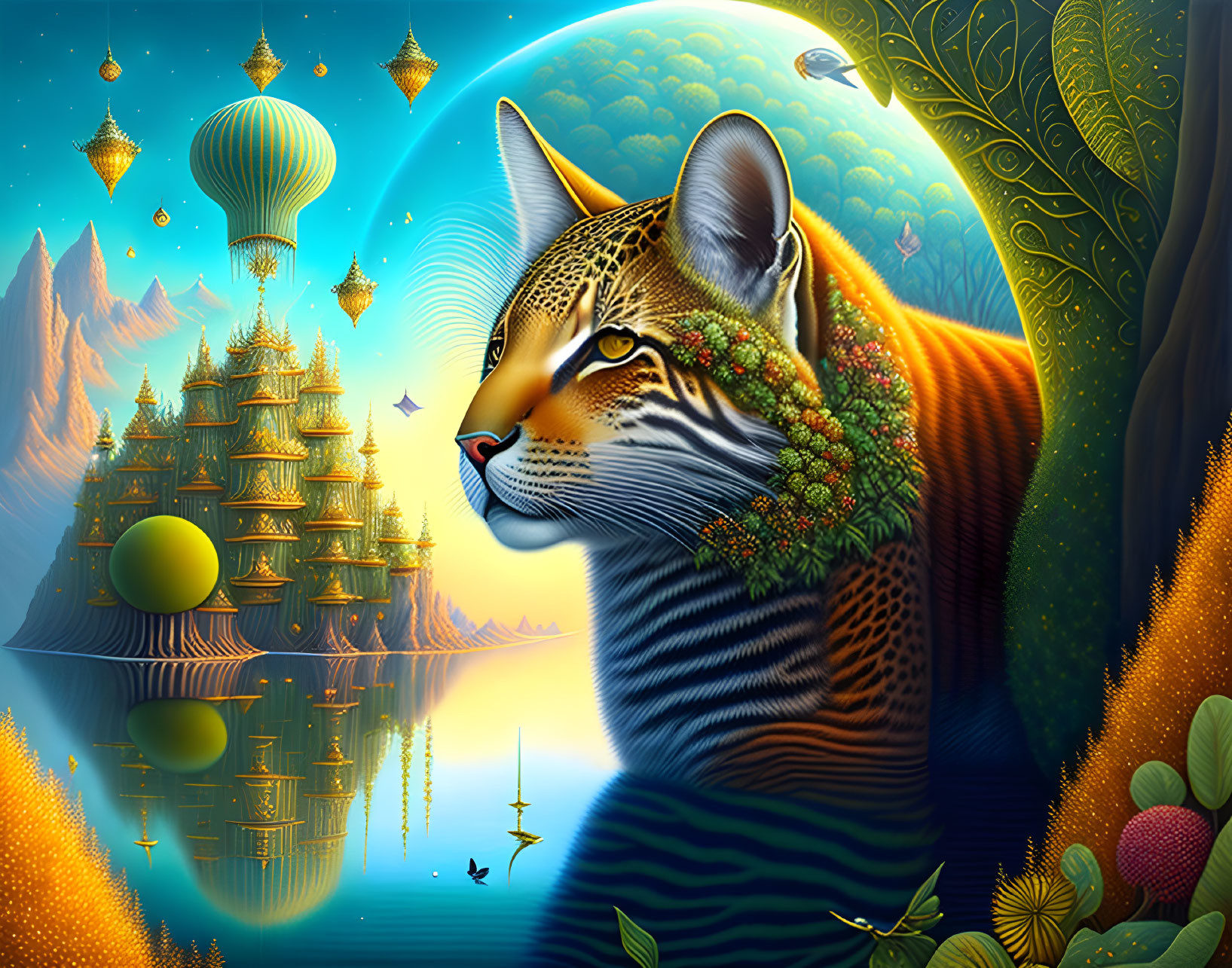 Adorned tiger in fantasy landscape with floating islands