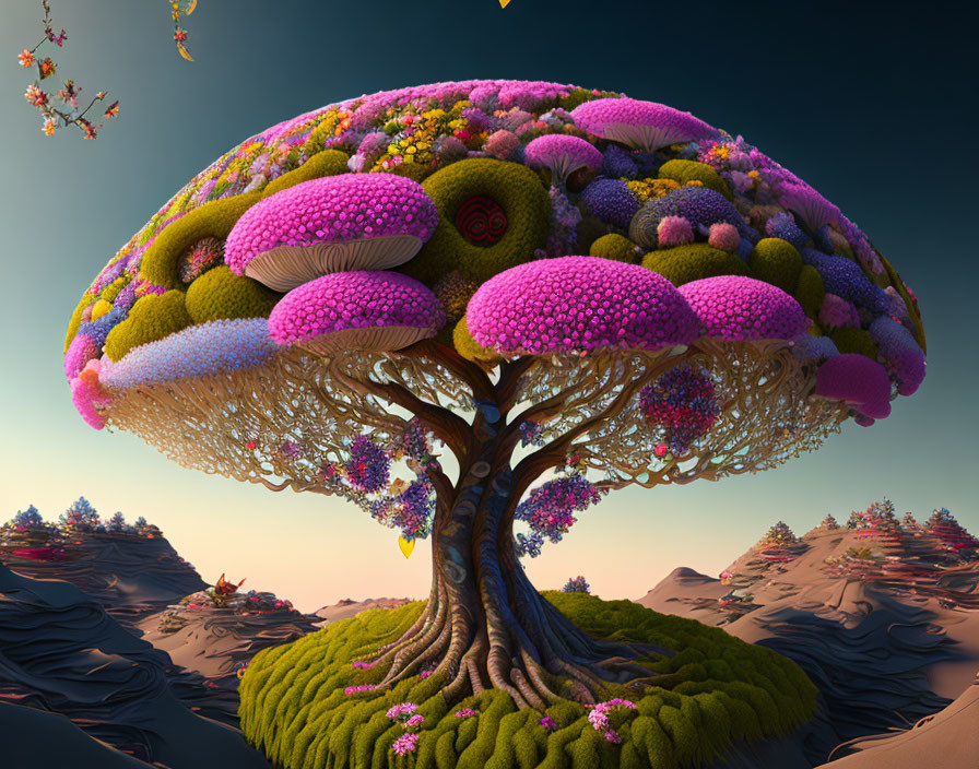 Colorful surreal tree artwork with mushroom canopy in fantasy landscape