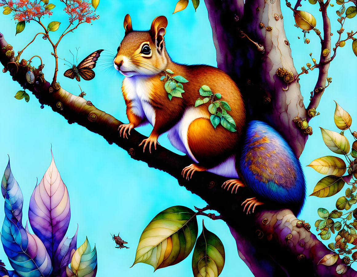 Colorful squirrel illustration on tree branch with butterfly in whimsical setting