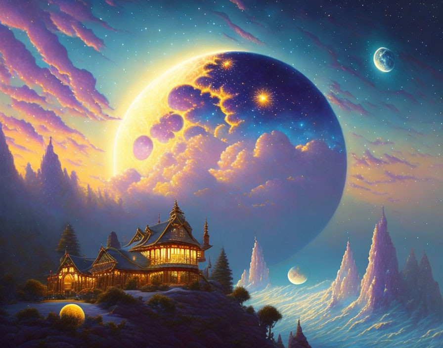 Fantastical landscape at dusk with moon, celestial bodies, starry sky, clouds, glowing traditional