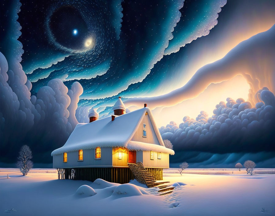 Cozy house under starry night sky surrounded by snow and surreal clouds