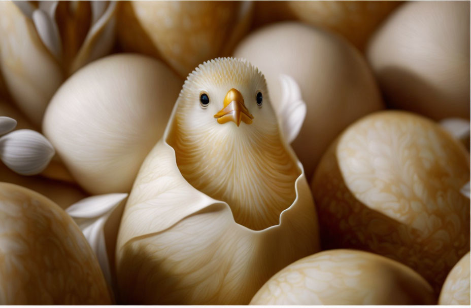 Newborn chick beside broken eggshell surrounded by textured eggs