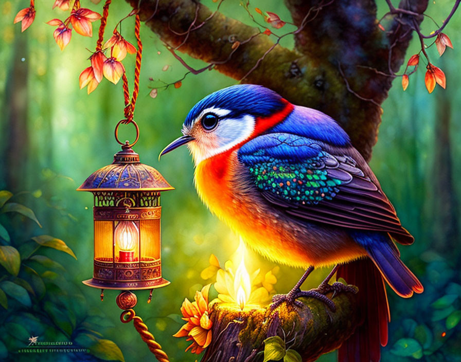 Vibrant blue and orange bird on branch in lush forest scene