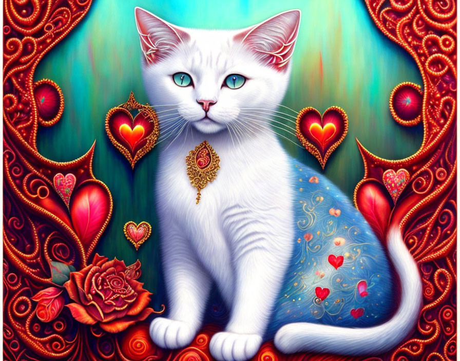 Detailed illustration: White cat with blue eyes, heart motifs, red rose, teal & red backdrop