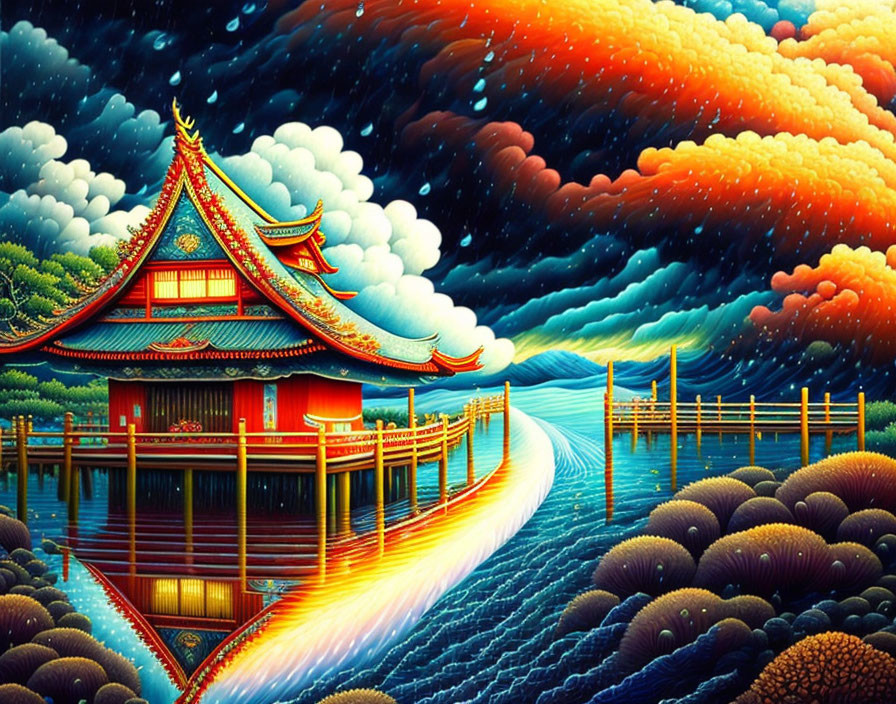 Colorful Asian Pagoda Artwork with Bridge Over Water