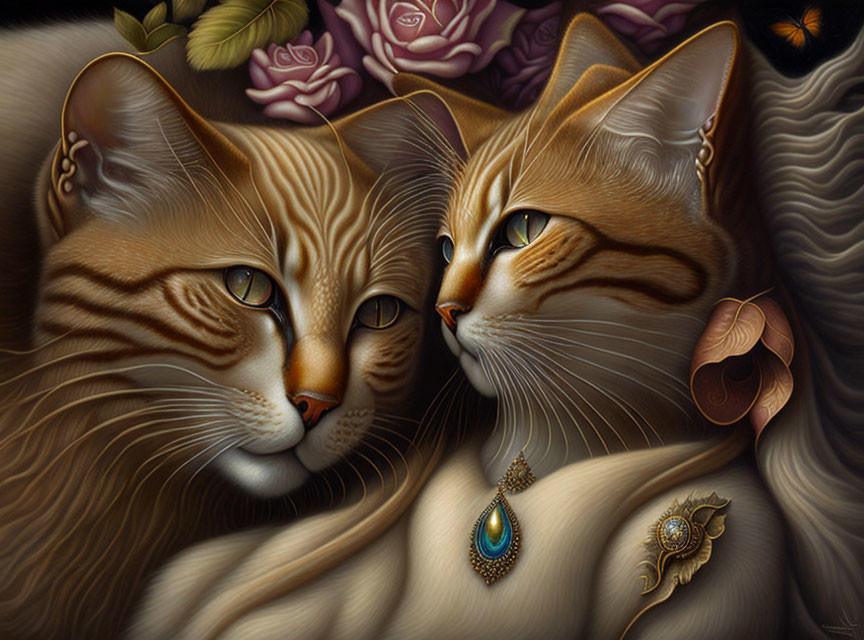 Stylized ginger cats with intricate fur patterns and elegant jewelry on floral background