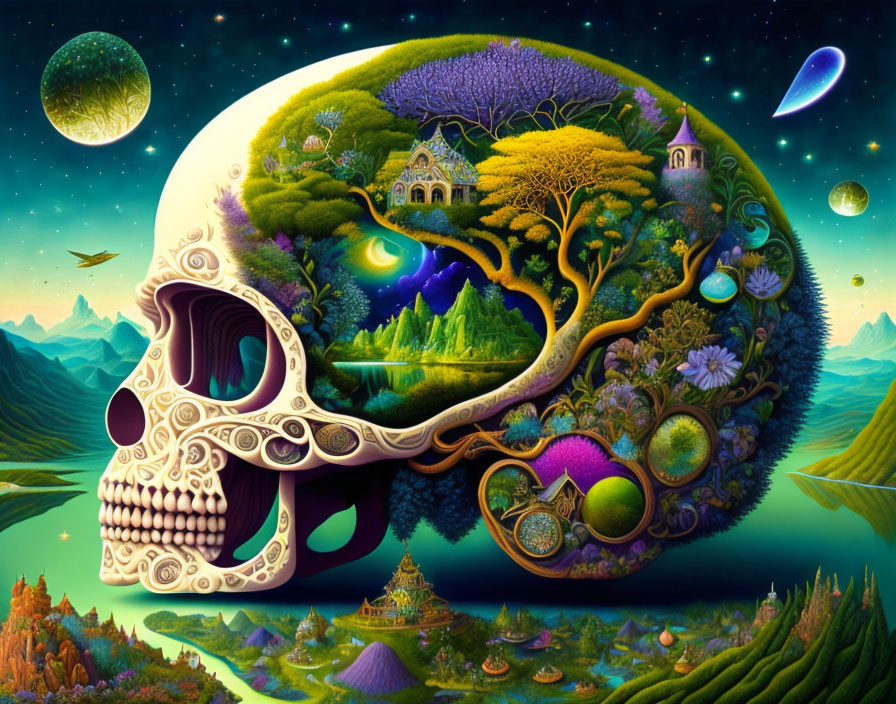 Vibrant Skull Art with Fantastical Landscapes & Celestial Bodies