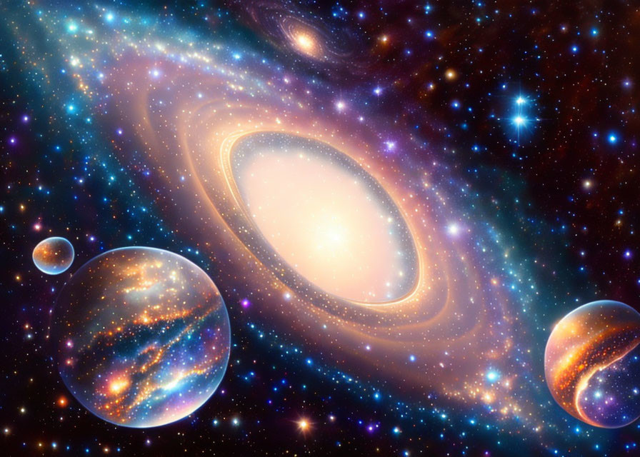 Colorful Cosmic Scene with Spiral Galaxy and Planets