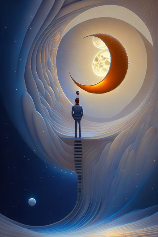 Person gazes at surreal cosmic scene with crescent moon merging into celestial body on staircase