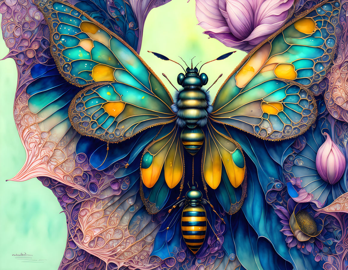 Colorful Digital Artwork: Stylized Bee with Intricate Wings and Floral Patterns