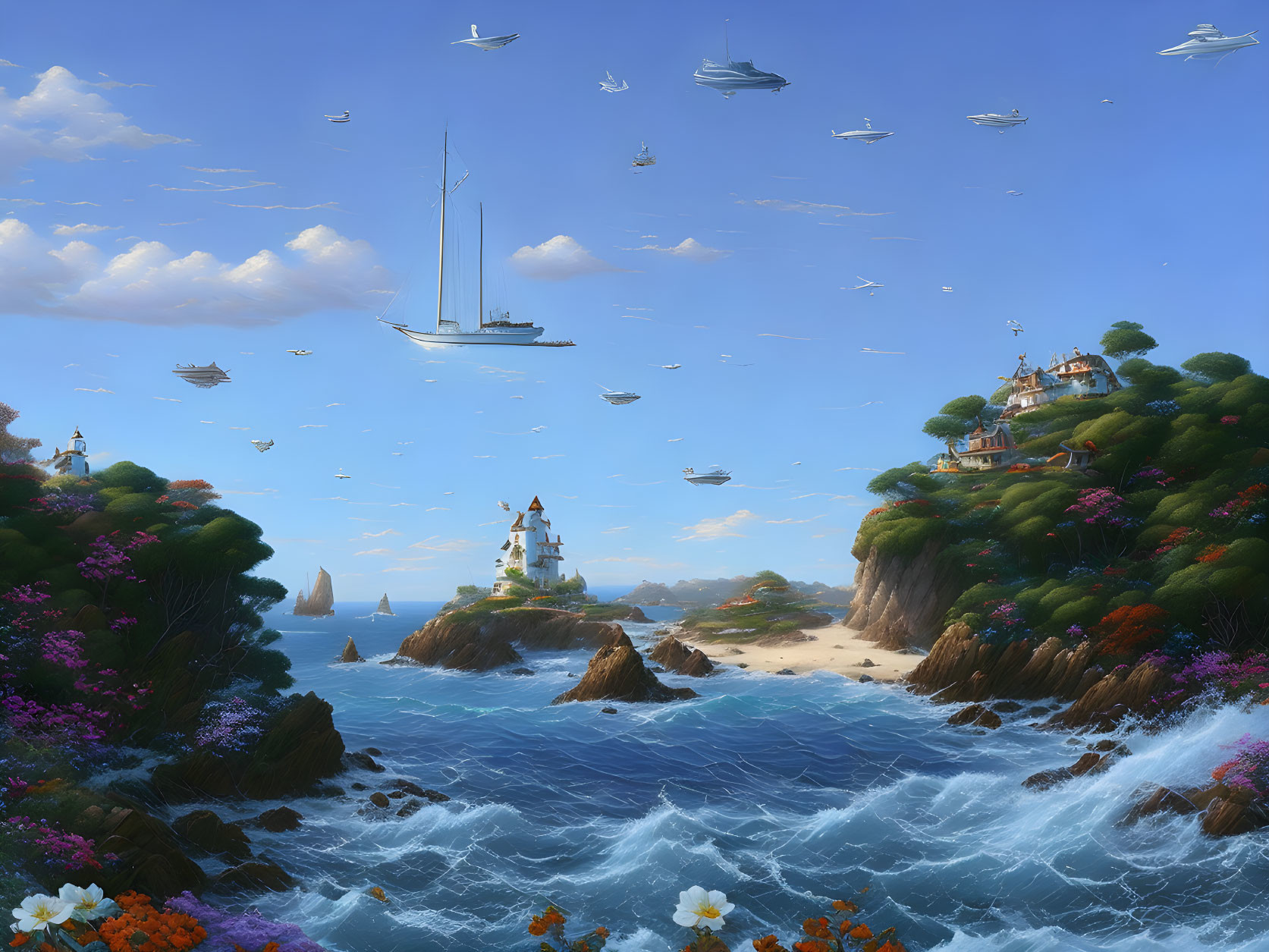 Tranquil fantasy seascape with lighthouse, islands, flora, and flying boats