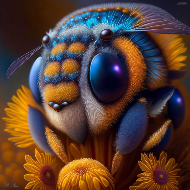 Detailed Digital Art: Bee with Exaggerated Features on Yellow Flowers