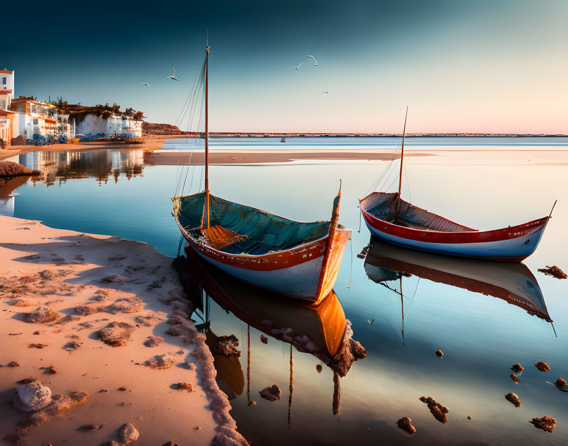 Tranquil sunrise scene with moored boats, birds, and buildings