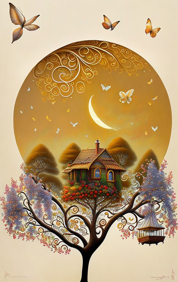 Whimsical painting featuring tree, house, gazebo, golden moon, and butterflies