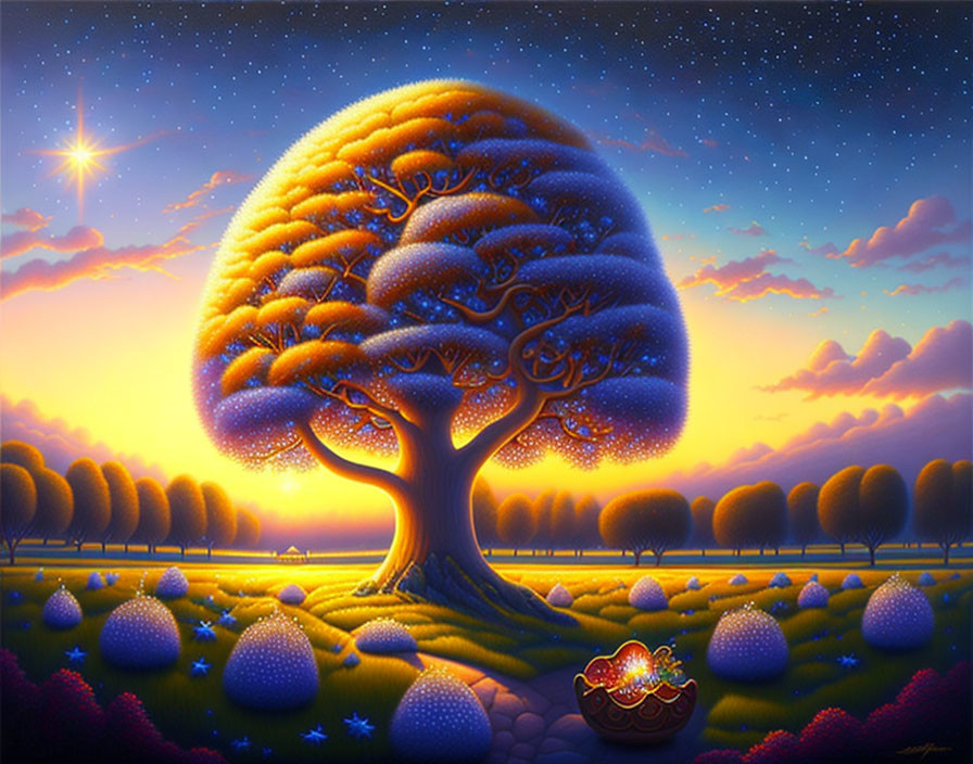 Majestic tree with orange canopy in fantasy landscape