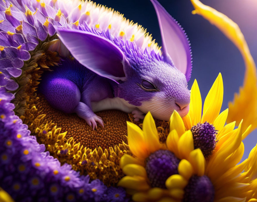 Purple rabbit-like creature in vibrant sunflowers: a whimsical fantasy scene