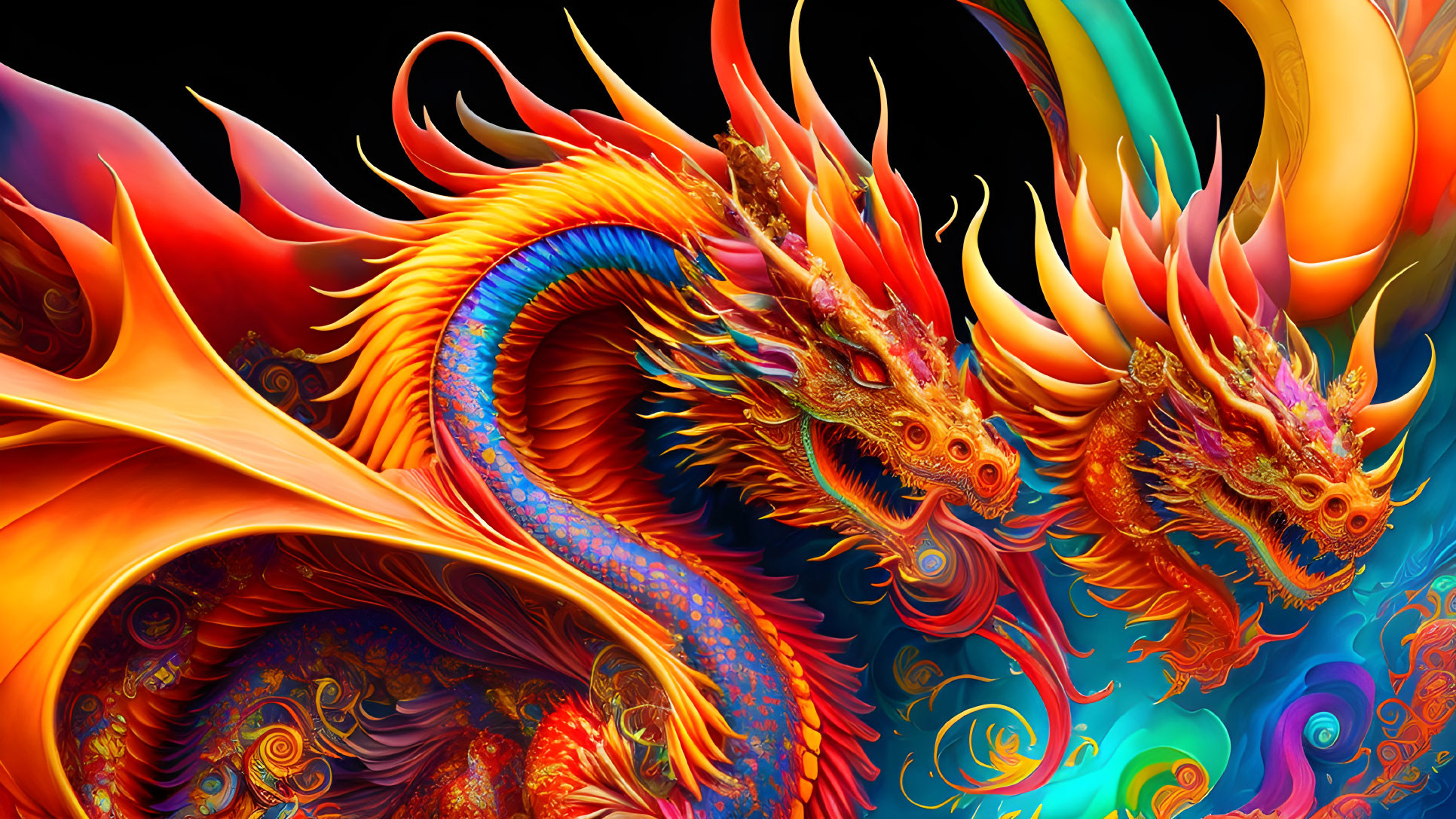 Colorful Digital Art: Intertwined Chinese Dragons in Red, Orange, Blue, and Gold