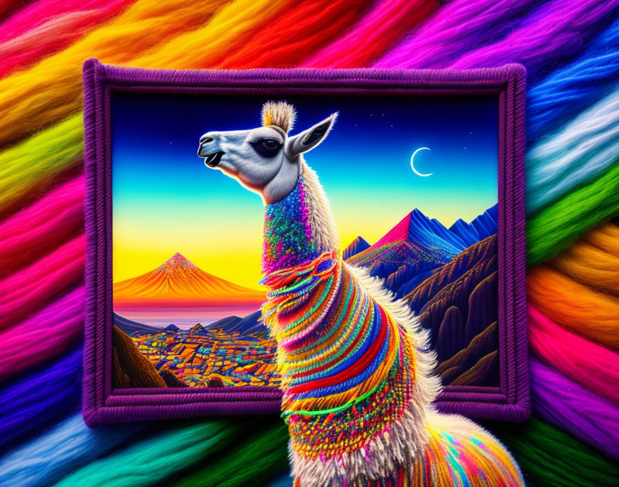 Colorful llama digital artwork with surreal mountain background