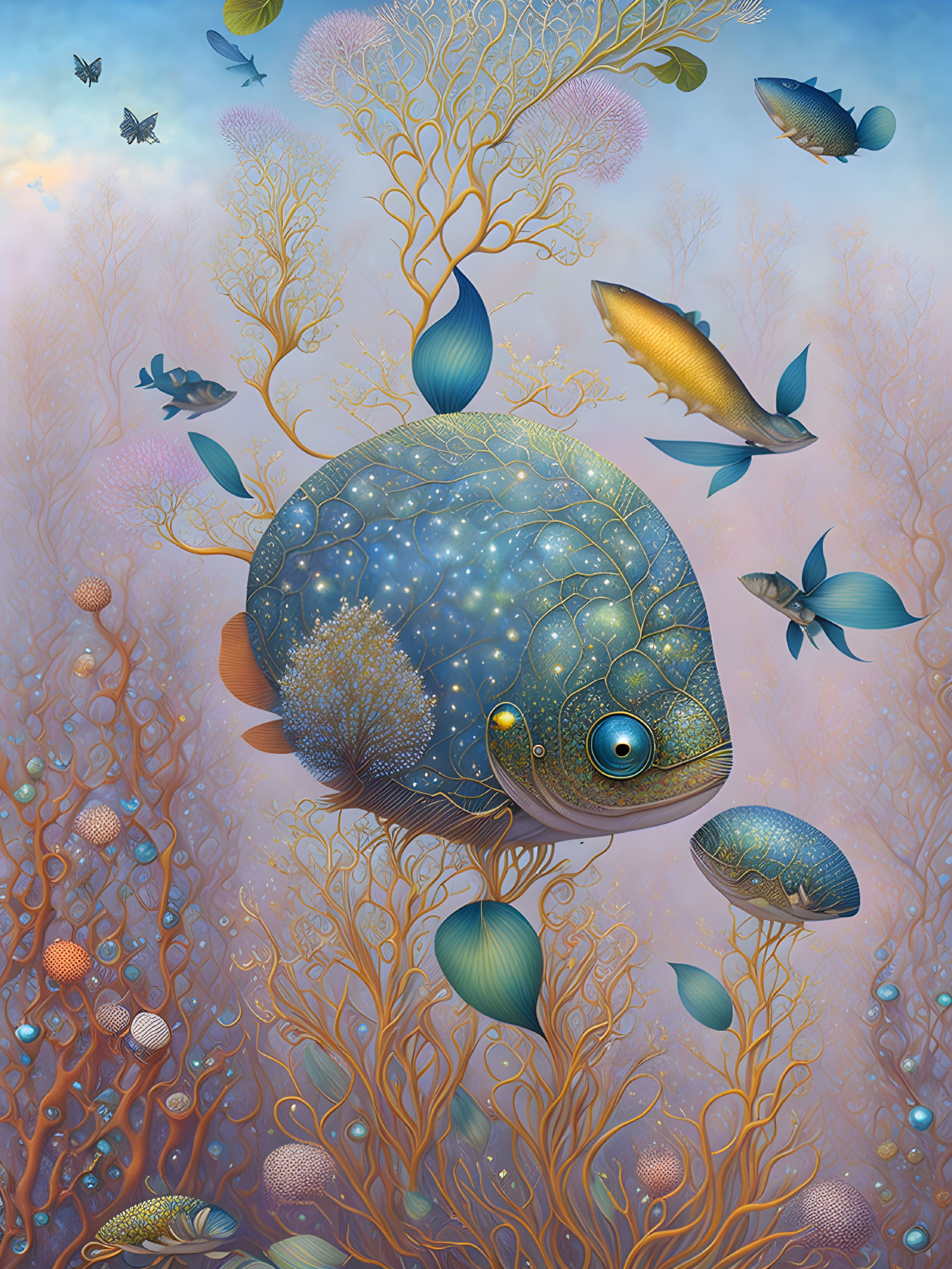 Colorful underwater scene with starry-shelled turtle, coral, and fish