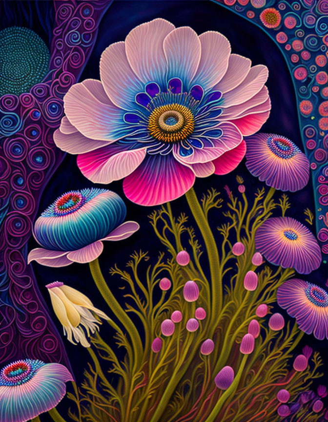 Colorful Stylized Flower Painting on Dark Background