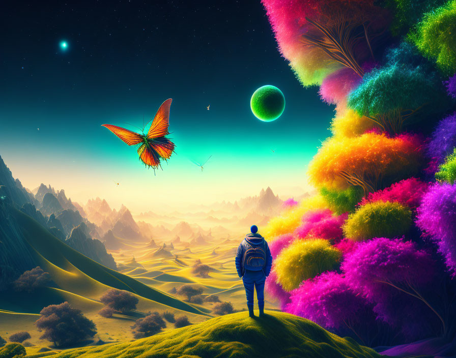 Colorful Alien Landscape with Giant Butterflies and Planetary Sky